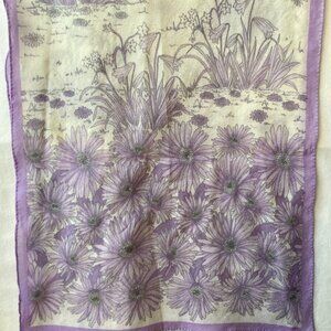 Vintage Scarf Chiffon 10"X50" Flower Power Daisy Lilly Lilac Lavender Rectangle
